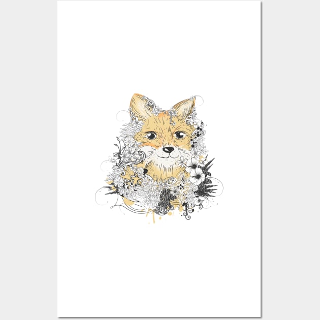 small golden fox with floral decoration Wall Art by Kisho